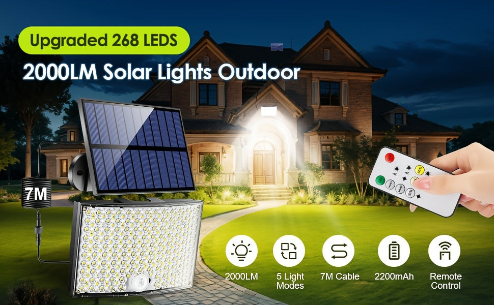 268LED, 5 Modes, 7M Cable Solar Security Lights Outdoor Motion Sensor, 2000LM Solar Lights Outdoor Garden, 2200mAh Remote Garden Solar Lights, Garden Lights Solar Powered For Garden, Garage, Backyard