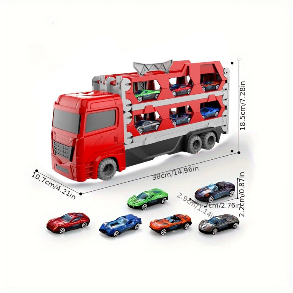 61-Inch Red Transport Truck Toy Set with Dual Race Tracks, Eject Car Feature, 2 Metal Cars & Foldable Storage - Perfect Gift for Boys & Girls Ages 2-6