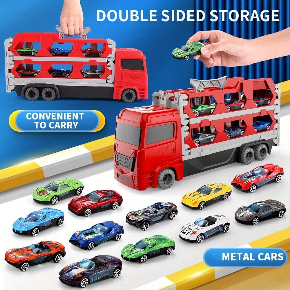 61-Inch Red Transport Truck Toy Set with Dual Race Tracks, Eject Car Feature, 2 Metal Cars & Foldable Storage - Perfect Gift for Boys & Girls Ages 2-6