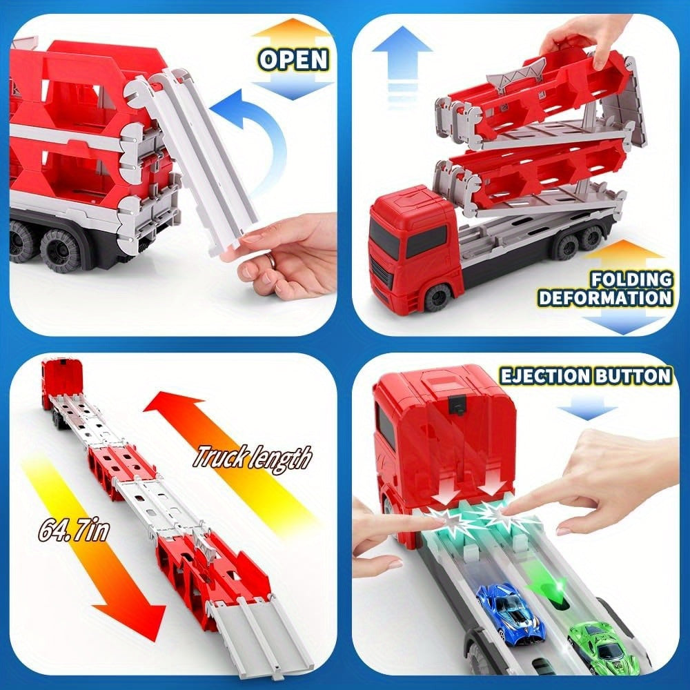 61-Inch Red Transport Truck Toy Set with Dual Race Tracks, Eject Car Feature, 2 Metal Cars & Foldable Storage - Perfect Gift for Boys & Girls Ages 2-6