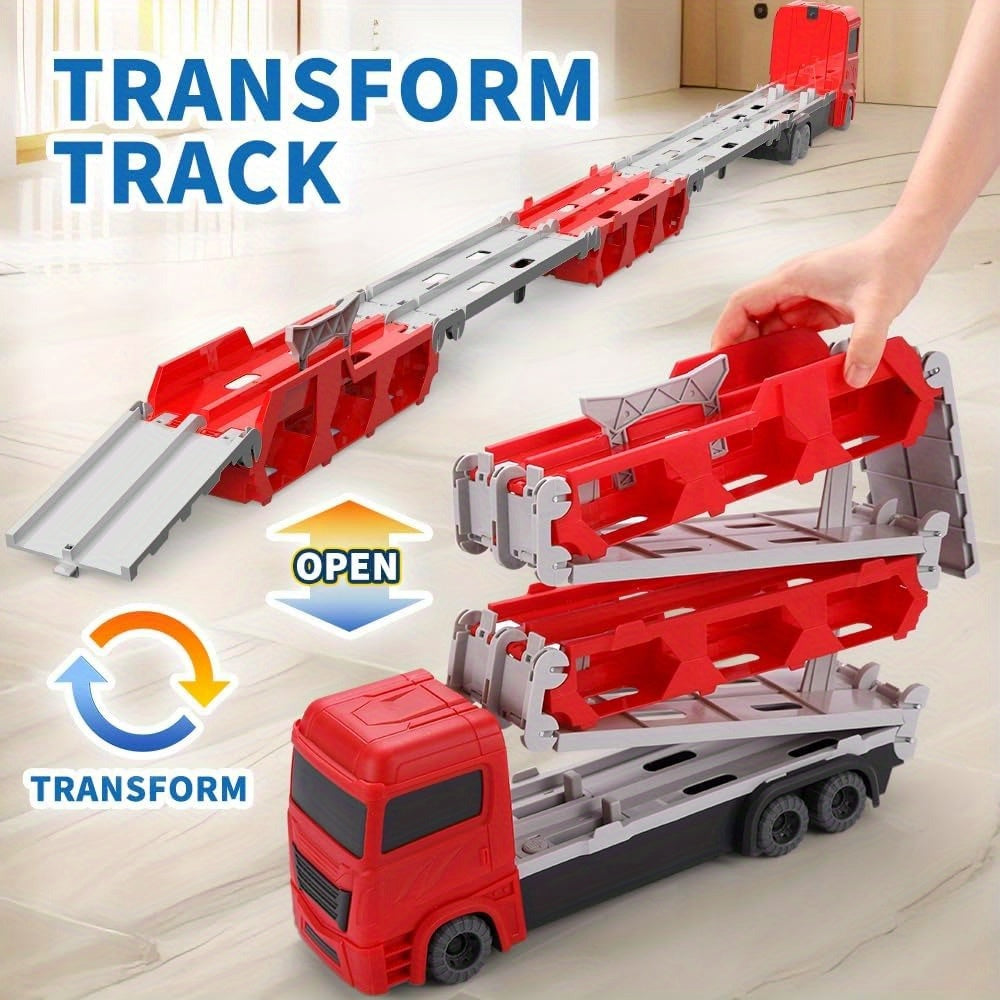 61-Inch Red Transport Truck Toy Set with Dual Race Tracks, Eject Car Feature, 2 Metal Cars & Foldable Storage - Perfect Gift for Boys & Girls Ages 2-6