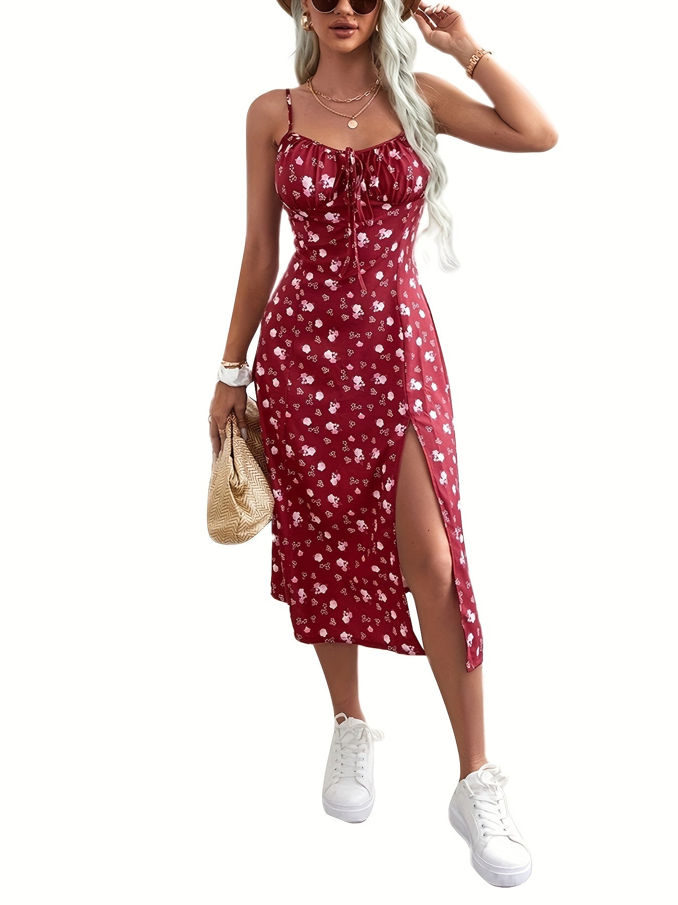 Allover Print Split Hem Cami Dress, Elegant Sleeveless Slim Dress For Spring & Summer, Women's Clothing