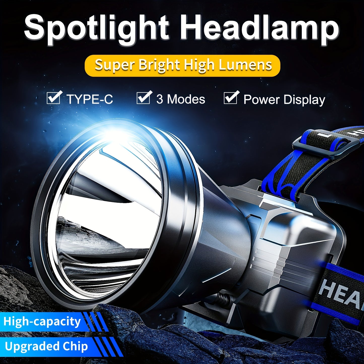 Rechargeable LED Headlamp, High Power, Super Bright, Motion Sensor, Waterproof, Outdoor Hunting Light, Flashlight, Portable Head Lamp for Fishing, Camping, Hiking, ABS Material, Polished Metal Finish, USB Charging, LED Light