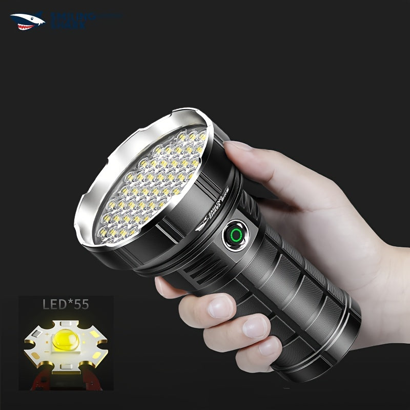 Smiling Shark High-Power LED Flashlight, 3000 Lumens Rechargeable Torch with 55 LEDs, Aluminum Alloy Handheld Spotlight, 6000mAh Battery, USB-C, 5 Modes, 1000m Range, Portable Light for Camping, Emergency, Outdoor