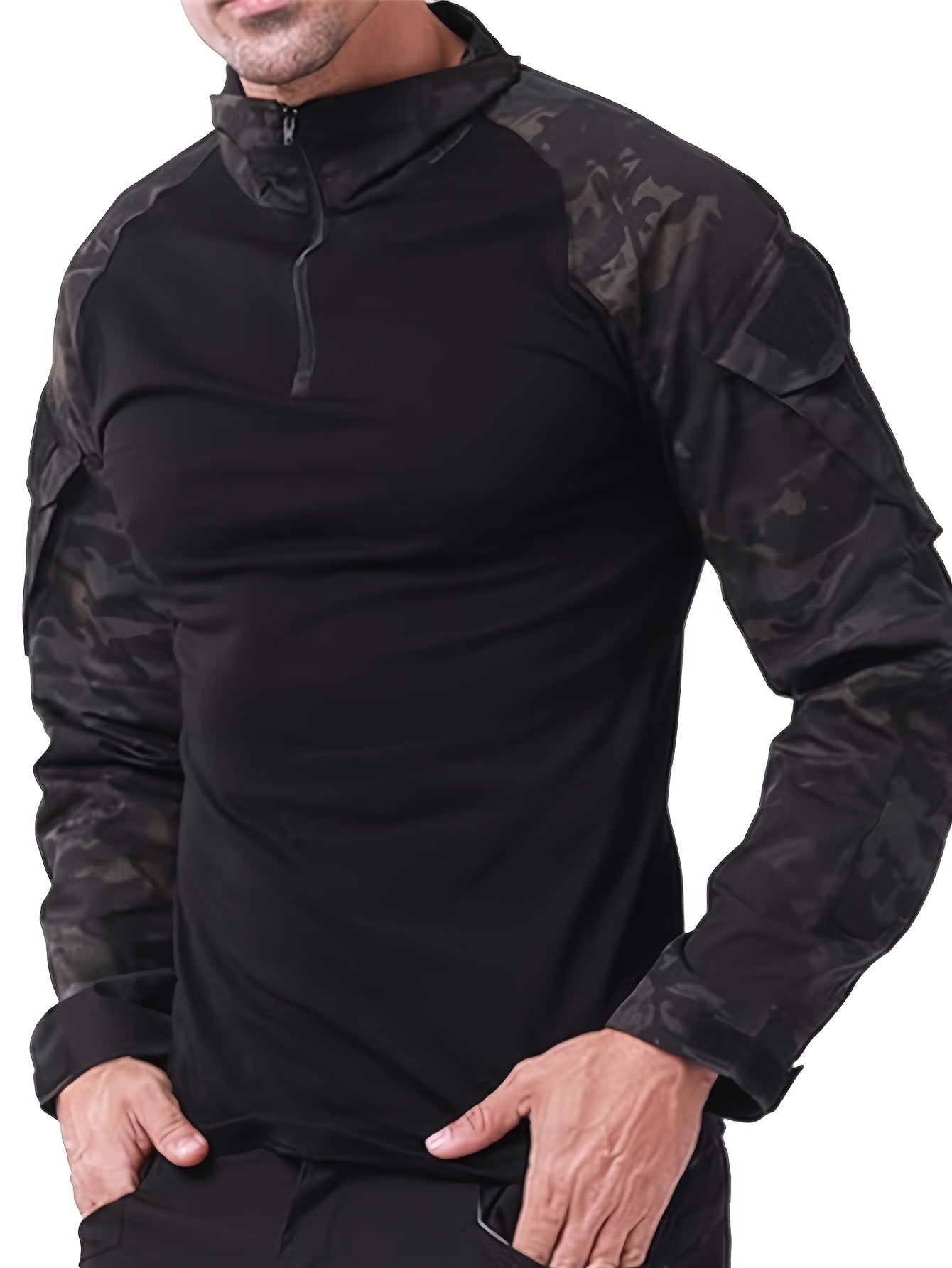 Stretchy Tactical Camo Top - Outdoor Recreation Hiking Clothing - Long Sleeve, Half Zipper, Pocket Design, Breathable, Moisture-Wicking, Quick-Drying, Perfect for Camping, Climbing, Hiking, Fishing