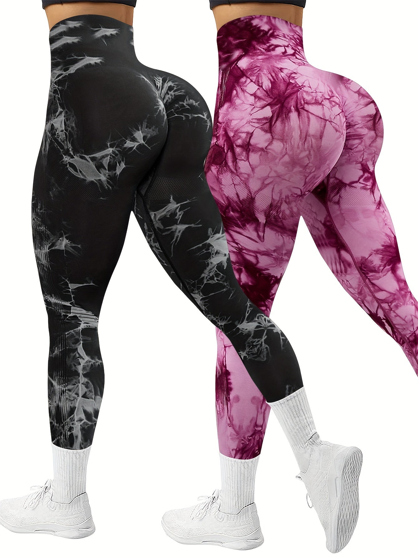 Women's 2-Pack Seamless Tie-Dye High Stretch Sports Yoga Leggings, Athletic Workout Pants, Comfort Fit Activewear for Gym & Home Exercise