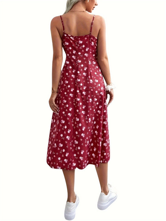 Allover Print Split Hem Cami Dress, Elegant Sleeveless Slim Dress For Spring & Summer, Women's Clothing