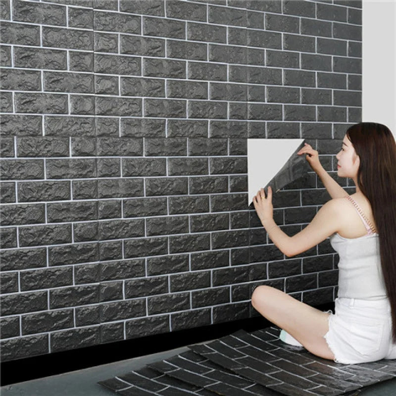 3D Soft Foam Brick Wallpaper Sticker Roll DIY Self Adhesive Living Room Home Kitchen Bathroom Decorative Wall Paper White Blue