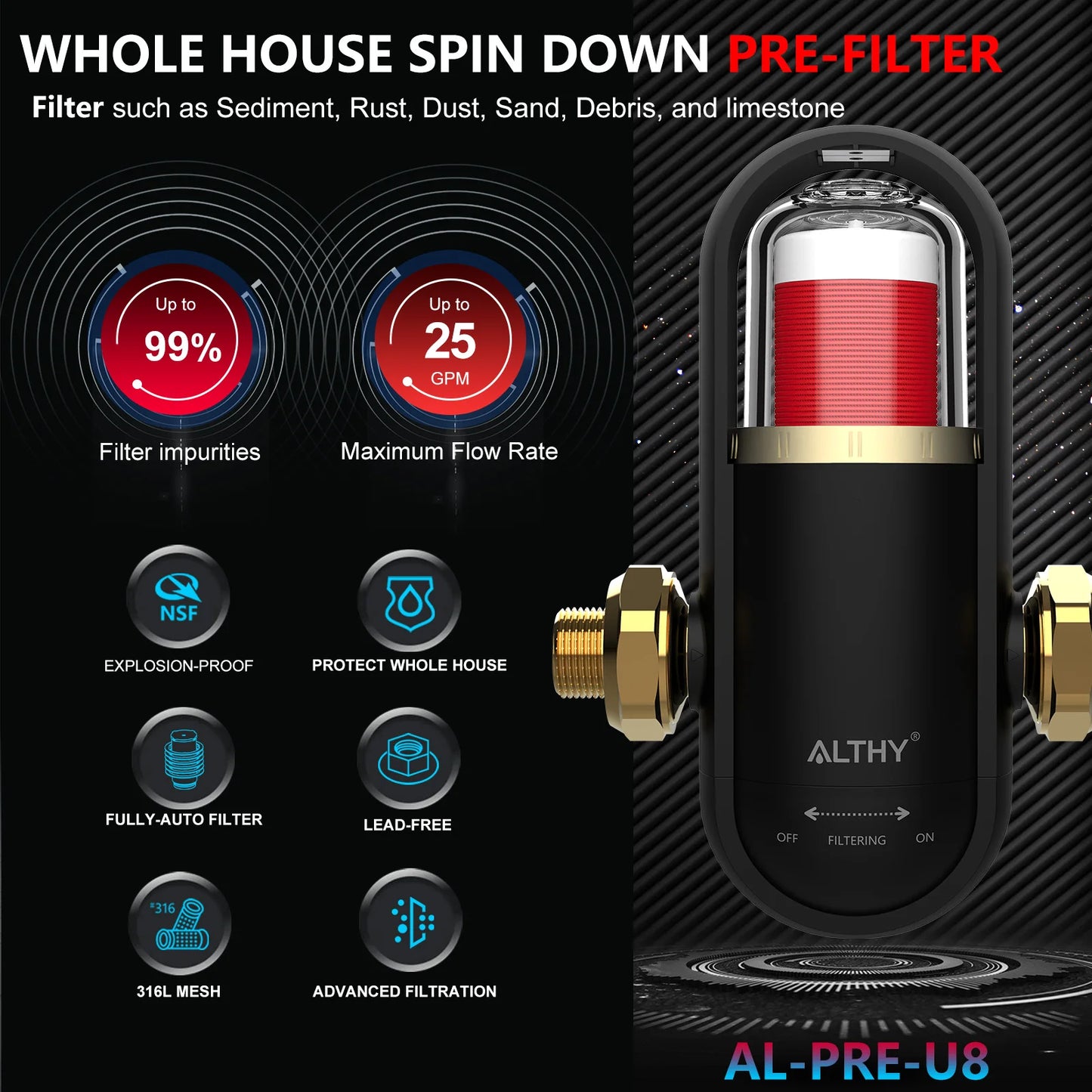 ALTHY PRE-U8 Bionic Gill + Stainless Steel Mesh Pre filter Whole House Spin Down Sediment Water Filter Purifier Backwash