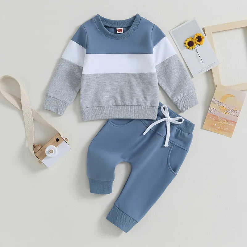 Newborn Baby Boy Pant Sets Autumn Clothes 2 Piece Outfits Contrast Color Long Sleeve Sweatshirt and Elastic Pants Baby Items