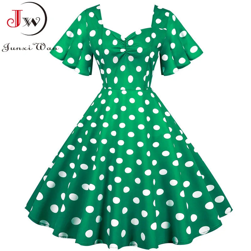 Women Summer Dress Butterfly Sleeve Swing Vintage Dresses Robe Femme Elegant Green Polka Dot Party Sundress Jurken