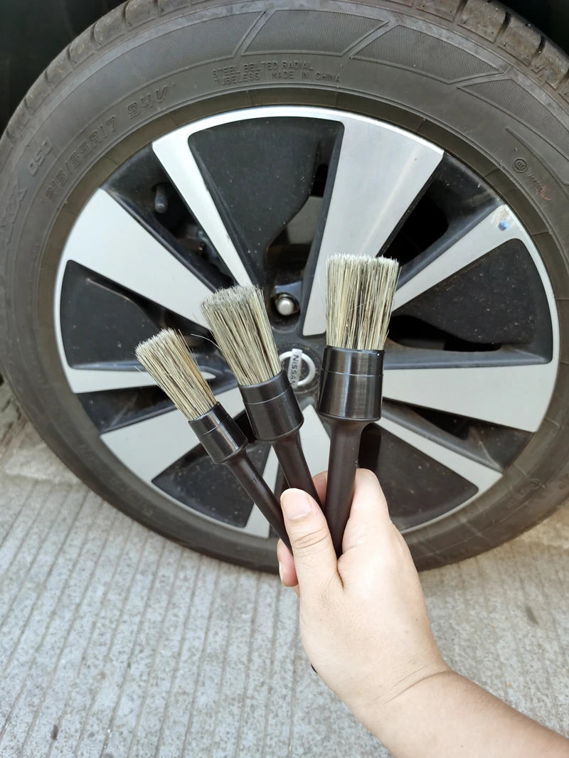 3 Pcs Natural Boar Hair Car Detailing Brush Set Soft Bristle Car Cleaning Brush Kits Atuo Tire wheel Wash Exterior Accessories