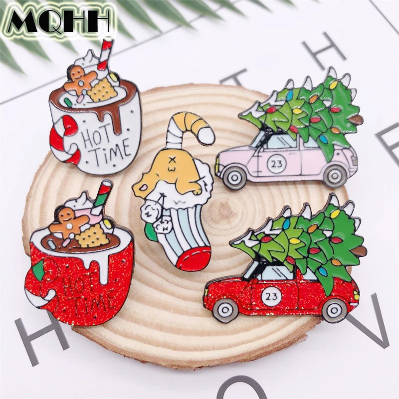 Cartoon Christmas Gift Tree Car Cup Sock Coffee Enamel Brooch Alloy Badge Denim Clothes Backpack Pin Cute Sweet Woman Jewelry