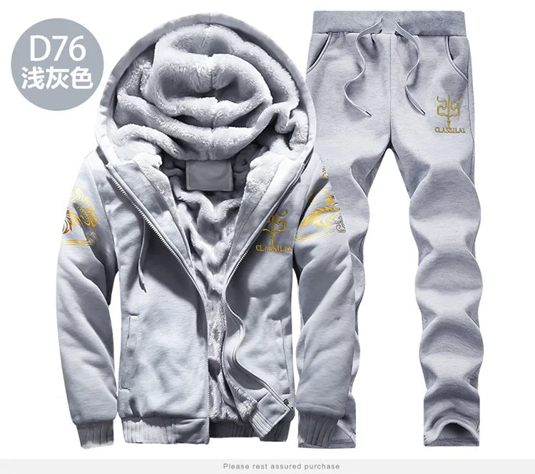 2024 Mens Sport Suit Running Sets Men 2 Piece Jacket Sweatpants Plus Velvet Casual Tracksuit Winter Hooded Sports 2 Piece Set