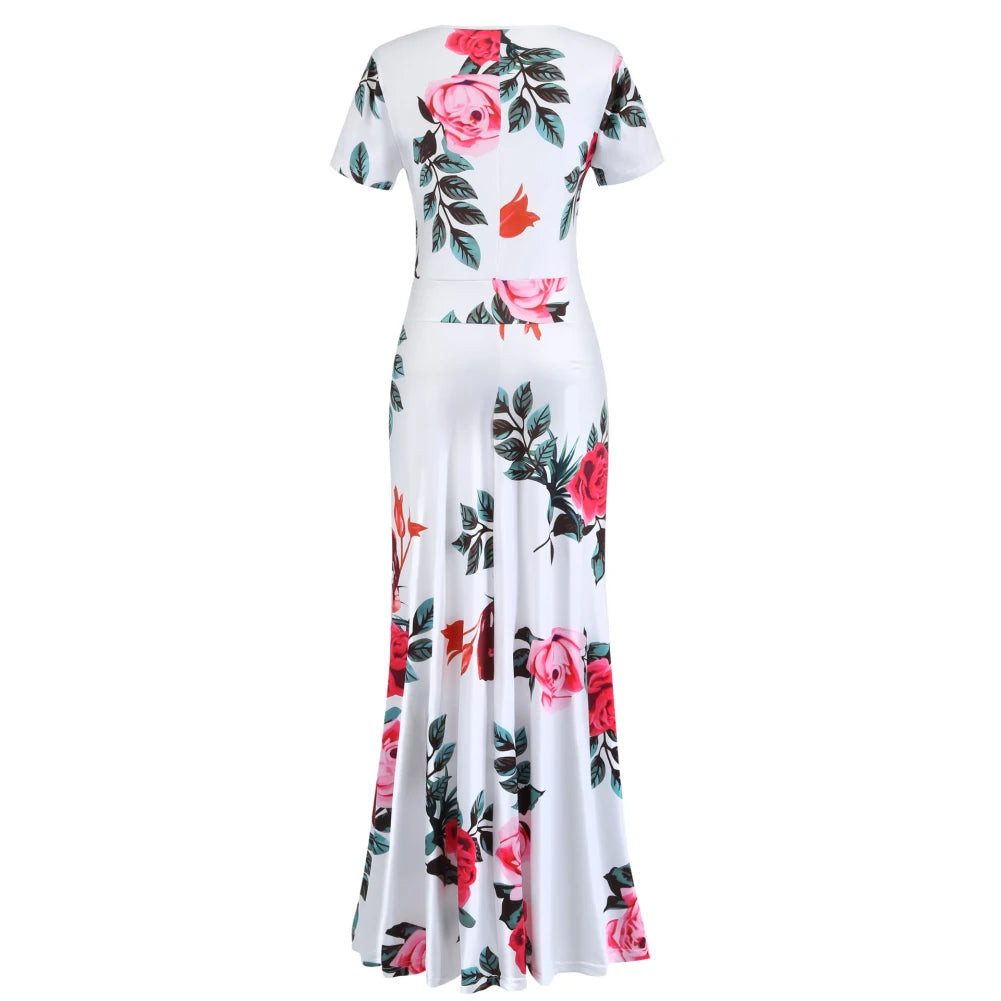 Women Short Sleeve Floral Print Waist Tight Large Swing Maxi Dress Sundress Casual Sundress Cotton O Neck Maxi Dress