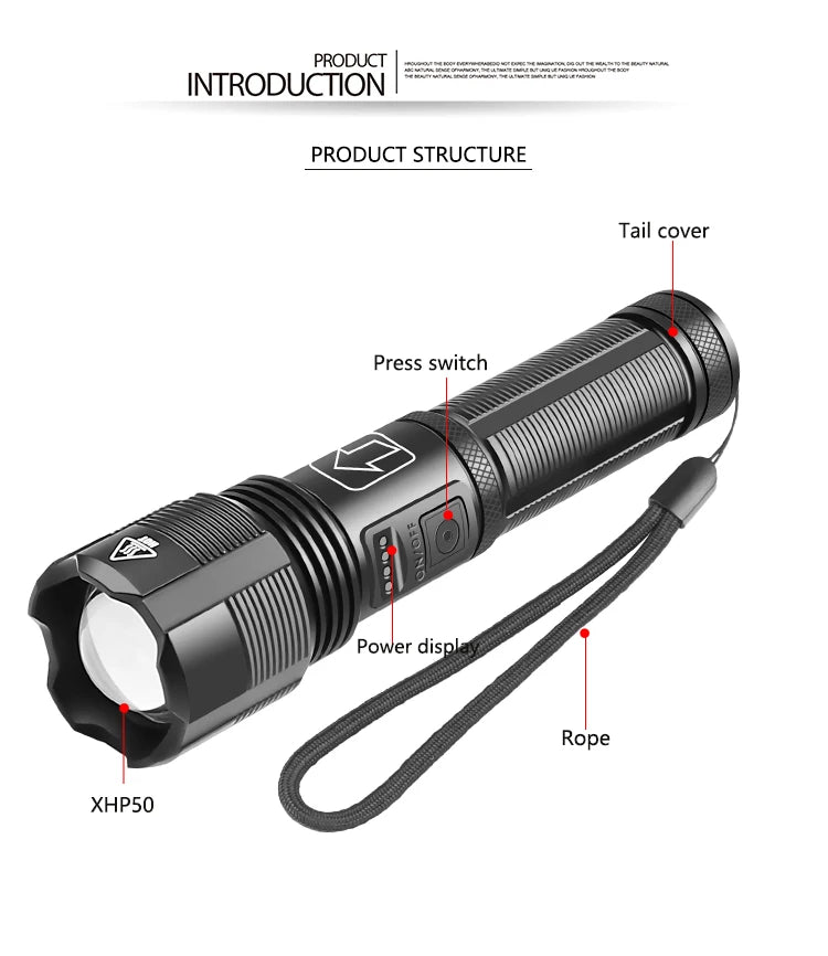 Super Bright LED Flashlight Rechargeable High Quality P70.2 P50 Tactical Hunting Torch Usb Zoomable Lantern By 18650 Battery