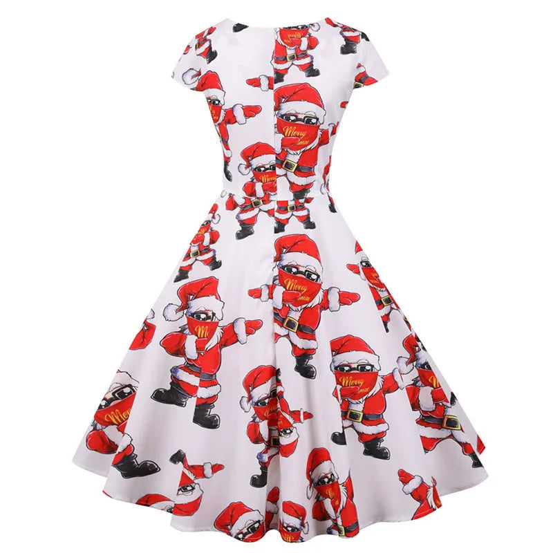 White Print Vintage Christmas Dress Women Winter Big Swing Elegant Short Sleeve V Neck Sexy New Year Party Sundress