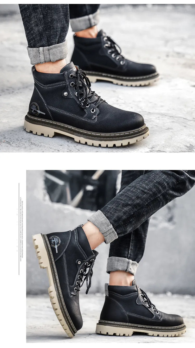 Men Snow Boots High Quality Leather Ankle Boots Warm Fur Motorcycle Boots Fashion Winter Men Boots Outdoor Men's Work Boots