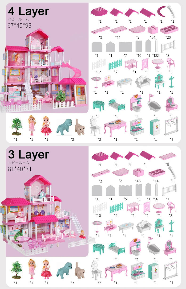 QWZ New Baby DIY Doll House Girls Pretend Toy Handmade Castle Dollhouse Birthday Gifts Educational Toys Doll Villa for Girl