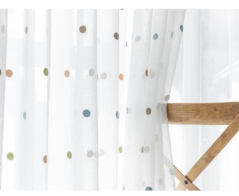 Colorful Dots Embroidered White Tulle Curtain for Kids Bedroom Living Room Modern Linen Sheer Voile Window Screen Panel ZH035H