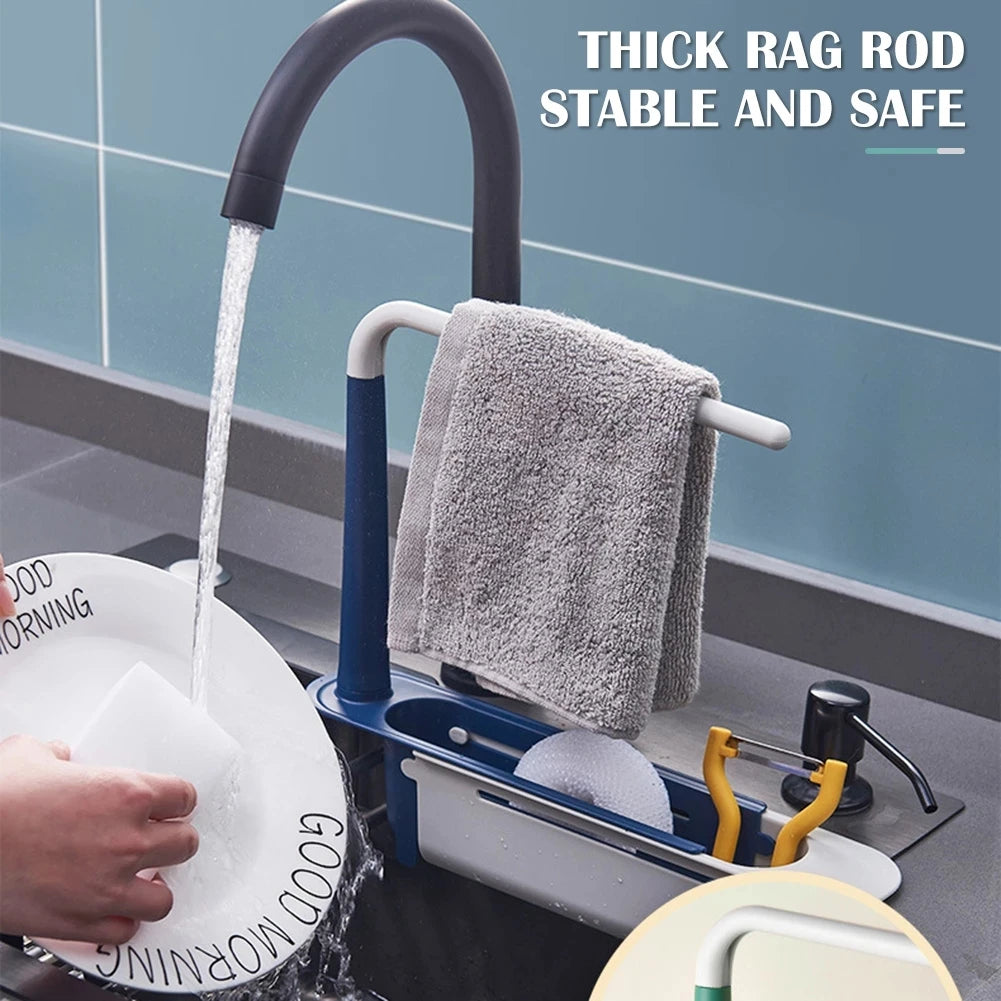 Kitchen Sink Organizer Telescopic Sink Shelf Drainer Rack Storage Basket Soap Sponge Storage Towel Rack Adjustable Sink Tool