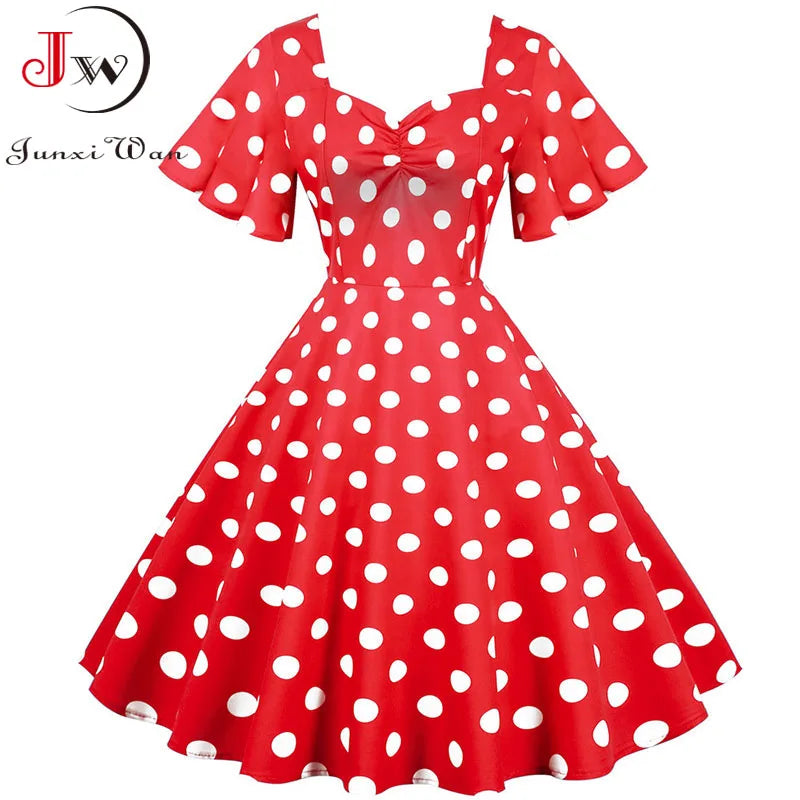 Women Summer Dress Butterfly Sleeve Swing Vintage Dresses Robe Femme Elegant Green Polka Dot Party Sundress Jurken