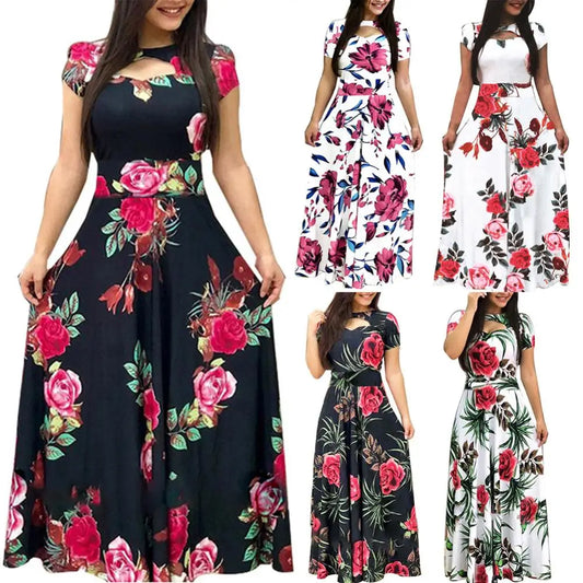 Women Short Sleeve Floral Print Waist Tight Large Swing Maxi Dress Sundress Casual Sundress Cotton O Neck Maxi Dress