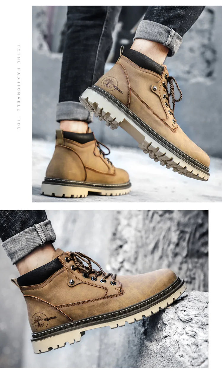 Men Snow Boots High Quality Leather Ankle Boots Warm Fur Motorcycle Boots Fashion Winter Men Boots Outdoor Men's Work Boots