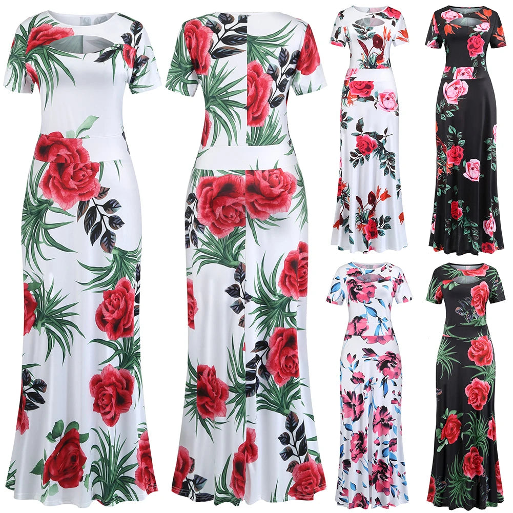 Women Short Sleeve Floral Print Waist Tight Large Swing Maxi Dress Sundress Casual Sundress Cotton O Neck Maxi Dress