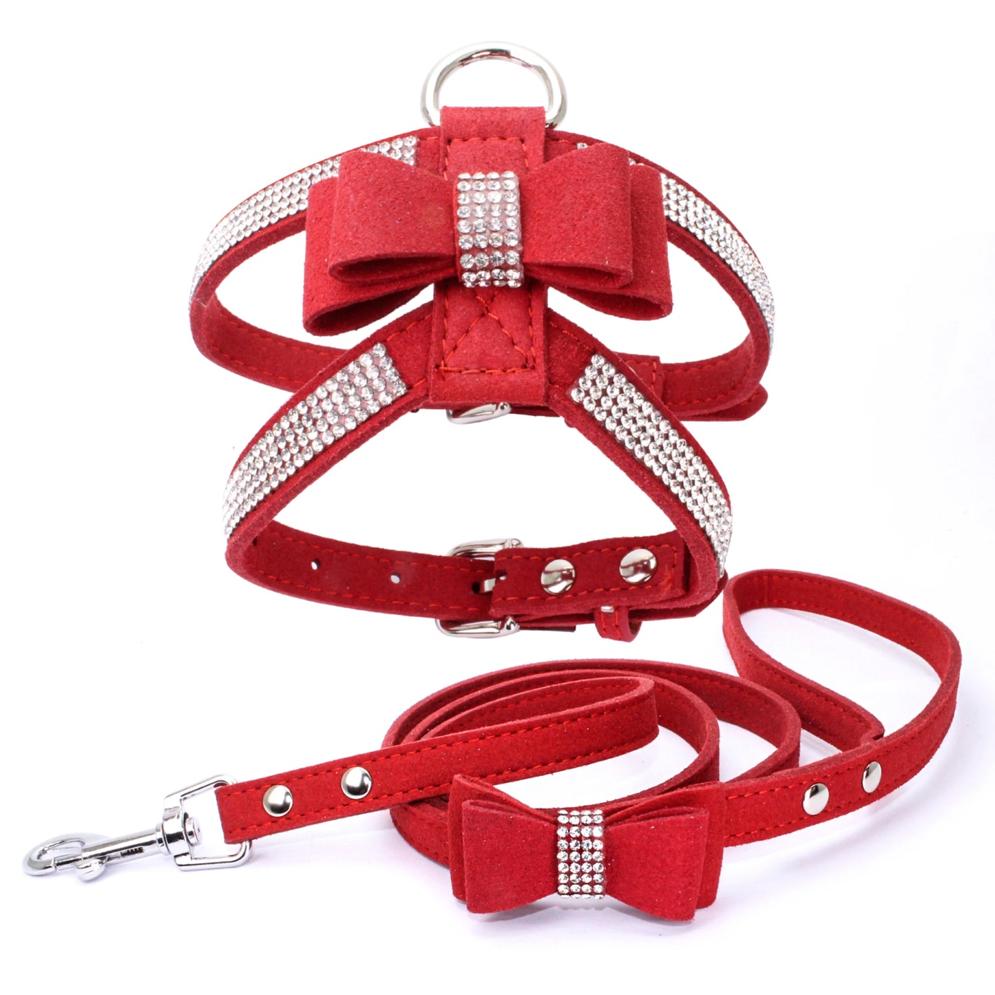 Pet Harness Leash With Rhinestone Bling Crystal Adjustable Chest Strap Soft Suede Bow Leather High Quality Drop Shipping