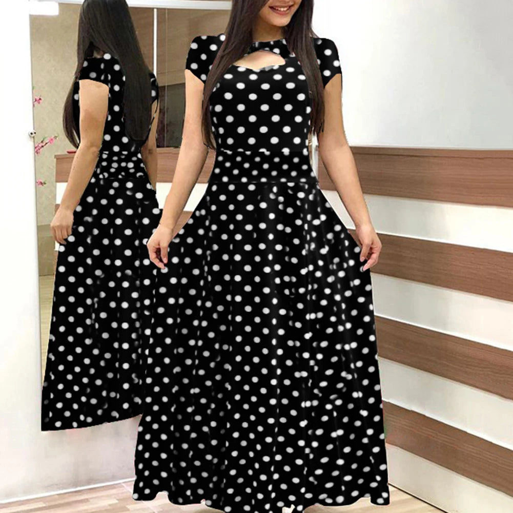 Women Short Sleeve Floral Print Waist Tight Large Swing Maxi Dress Sundress Casual Sundress Cotton O Neck Maxi Dress