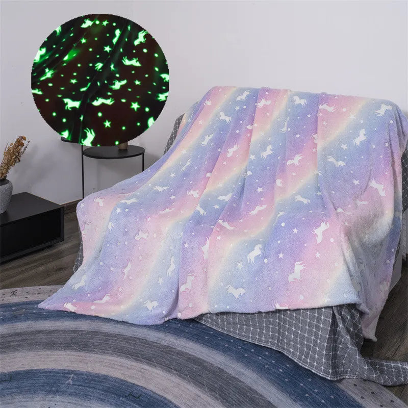 New Design Luminous Blanket Cartoon Design Glow in The Dark Flannel Blanket for Sofa Bed Christmas Gifts for Kids