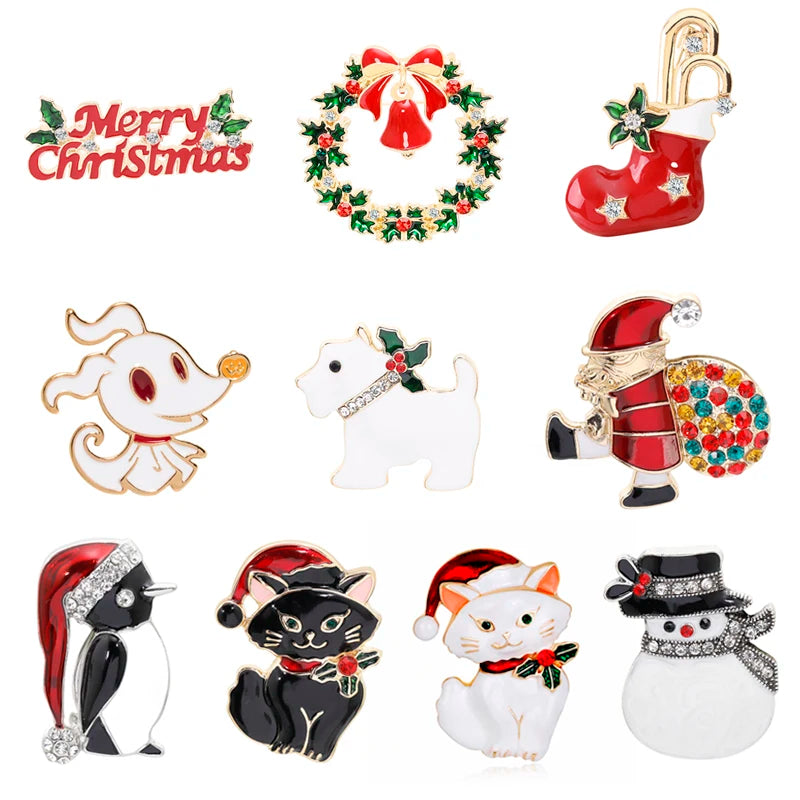 New Christmas Brooches Pins Cute Santa Snowman Claus Hat gloves Bells Socks Candy Enamel Pin Badges Brooch For Women Gift