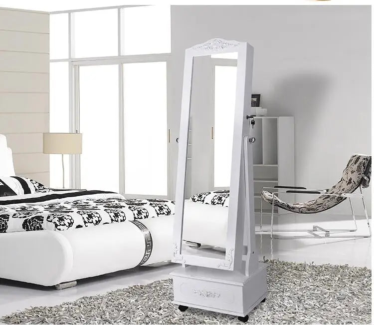 European-style bedroom rotating belt wheel movement three-dimensional carved full-length mirror cabinet home jewelry storage dre