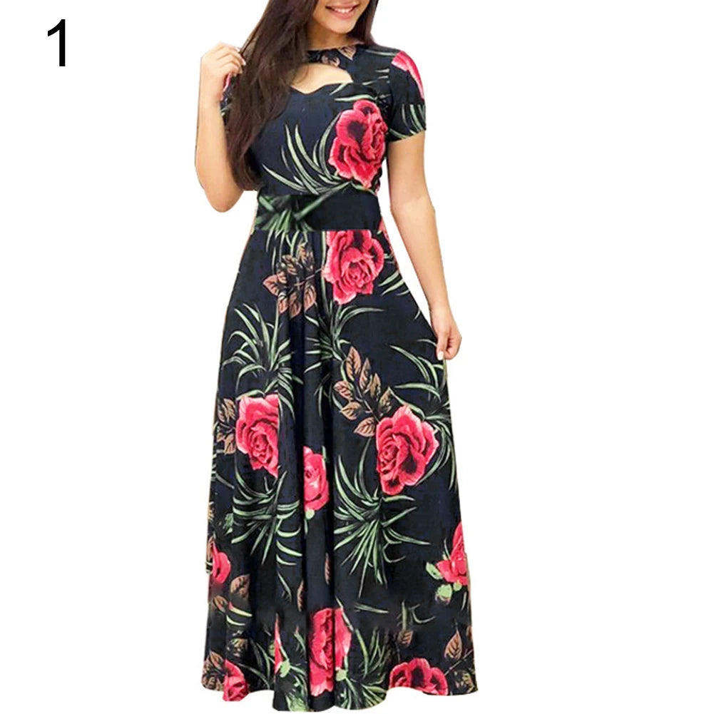 Women Short Sleeve Floral Print Waist Tight Large Swing Maxi Dress Sundress Casual Sundress Cotton O Neck Maxi Dress