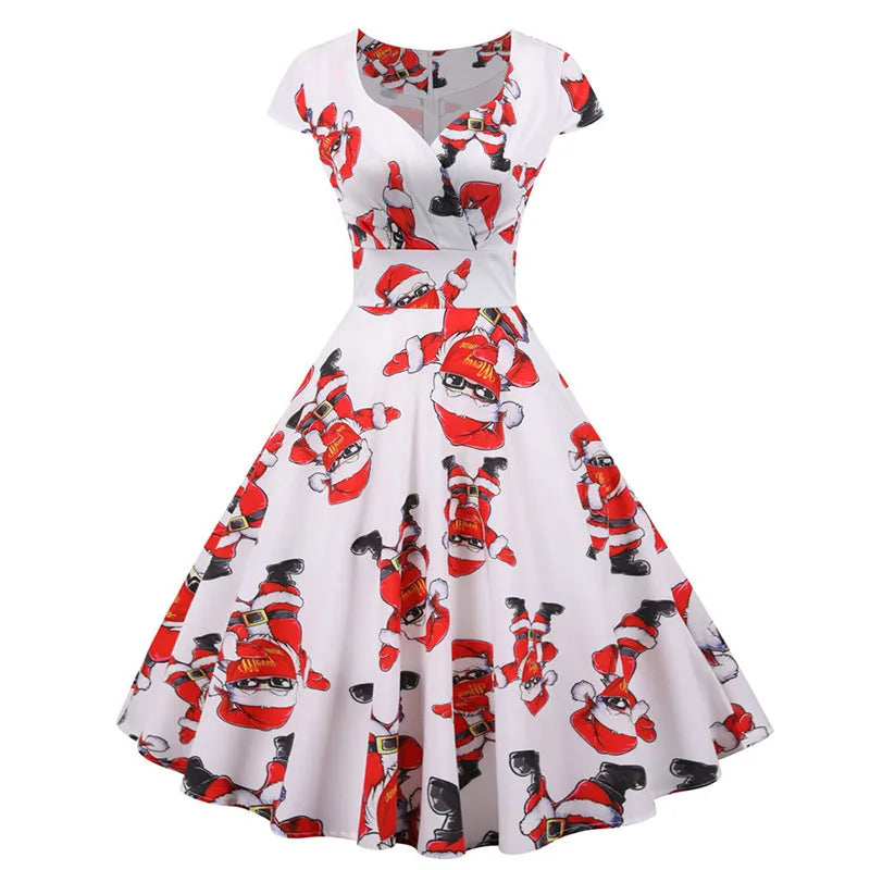 White Print Vintage Christmas Dress Women Winter Big Swing Elegant Short Sleeve V Neck Sexy New Year Party Sundress