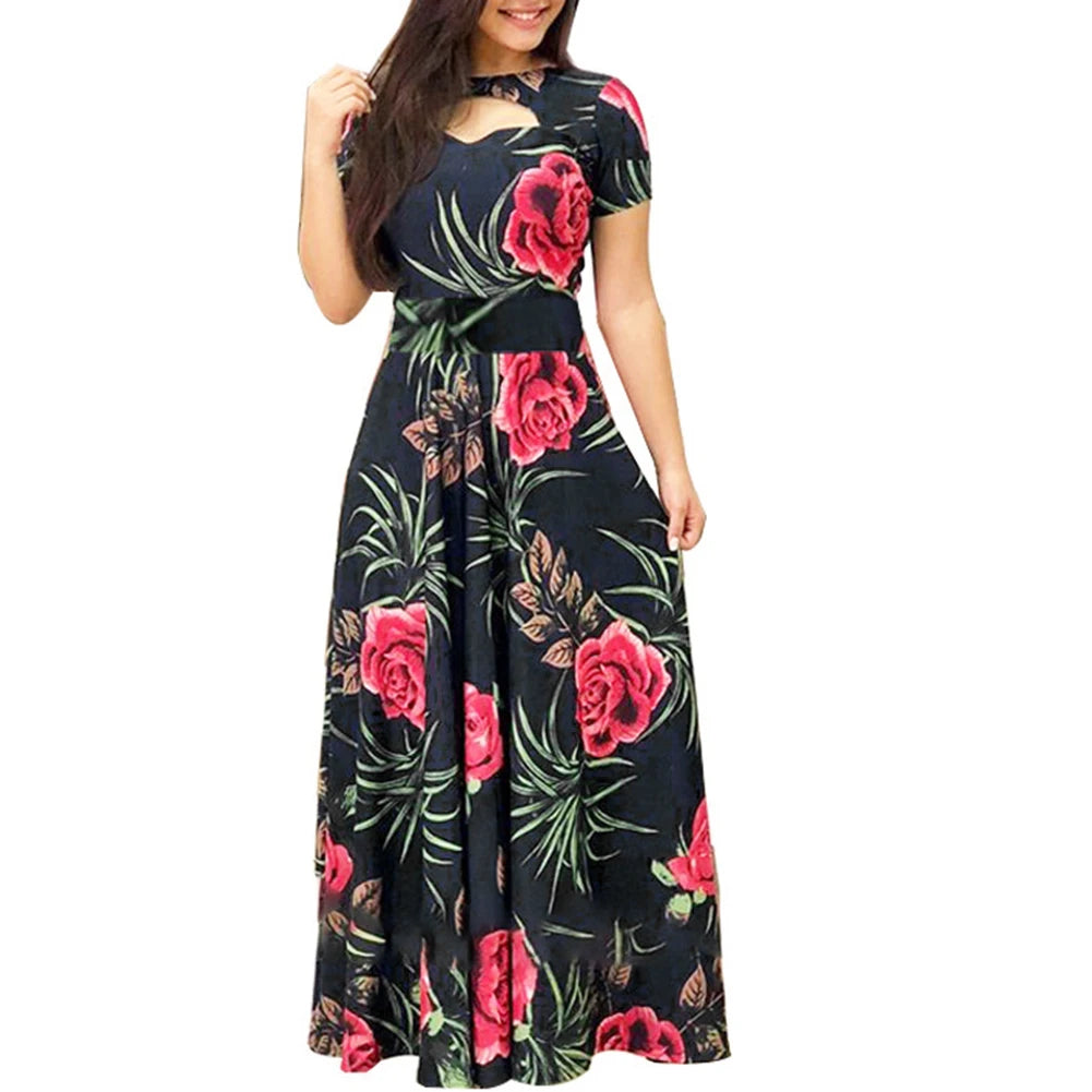 Women Short Sleeve Floral Print Waist Tight Large Swing Maxi Dress Sundress Casual Sundress Cotton O Neck Maxi Dress