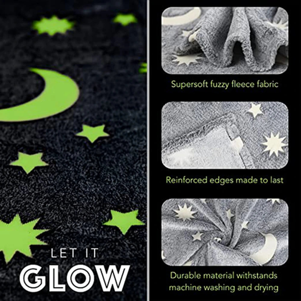 Inyahome Glow in The Dark Throw Blanket Super Soft Fuzzy Fluffy Plush Fleece Decorated with Stars and Moon of Healing Best Gift