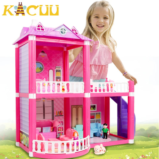 Baby DIY Doll house Toys Pink Assemble Princess Villa Handmade Construction Casa Miniature Furniture Dollhouse For Children Gift