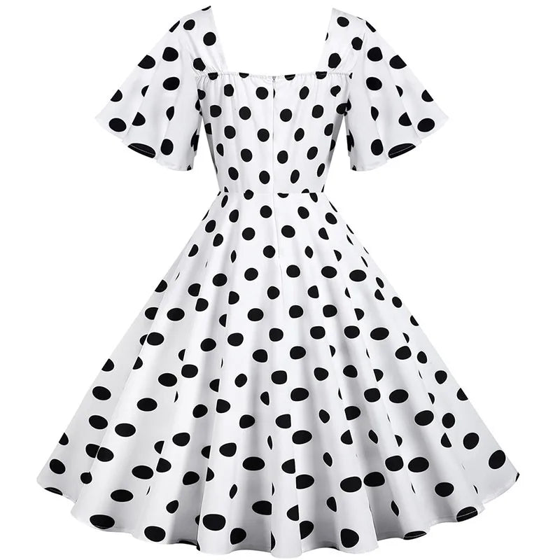 Women Summer Dress Butterfly Sleeve Swing Vintage Dresses Robe Femme Elegant Green Polka Dot Party Sundress Jurken