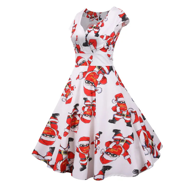 White Print Vintage Christmas Dress Women Winter Big Swing Elegant Short Sleeve V Neck Sexy New Year Party Sundress