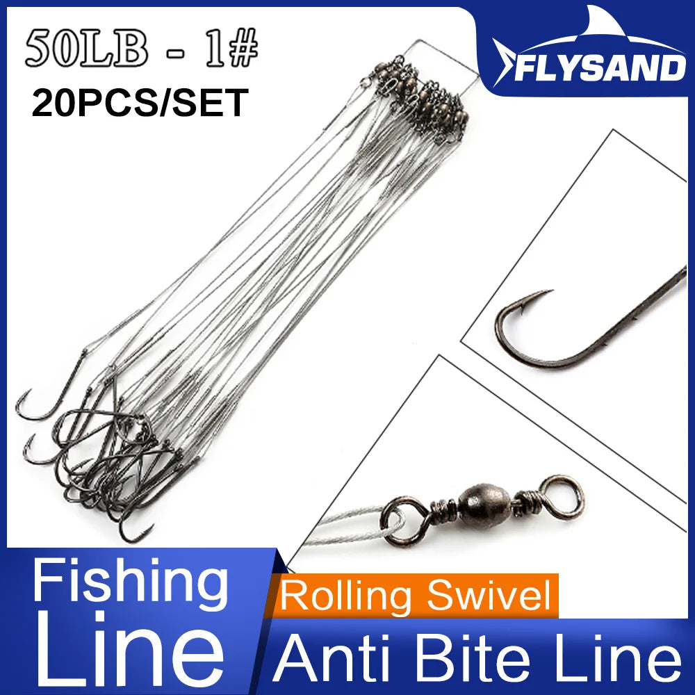 FLYSAND Anti Bite Steel Fishing Line Steel Wire Leader WIth #1 Hook With Swivel 50LB 20Pcs/Lot 3 Colors Fishing Tackle Gear