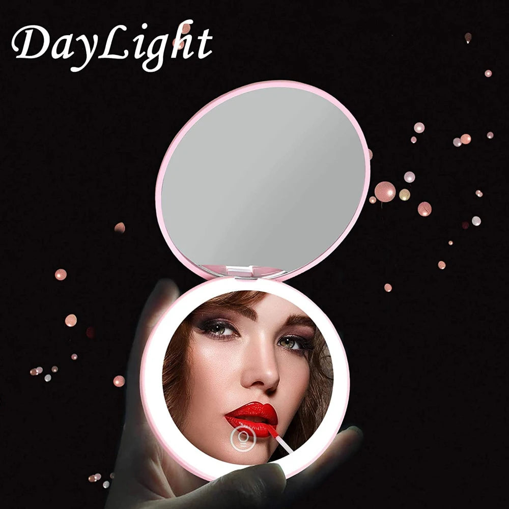 Mini Portable Folding Travel Mirror LED Light Makeup Mirror Compact Mirror 10X Magnification 2-sided Beauty Makeup Round Mirror