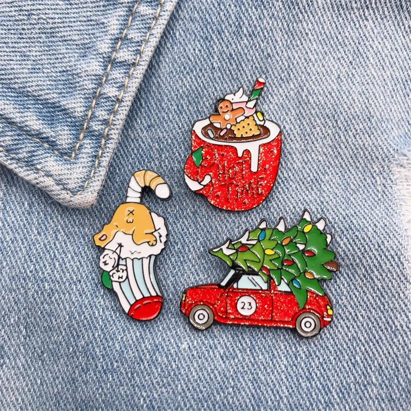 Cartoon Christmas Gift Tree Car Cup Sock Coffee Enamel Brooch Alloy Badge Denim Clothes Backpack Pin Cute Sweet Woman Jewelry