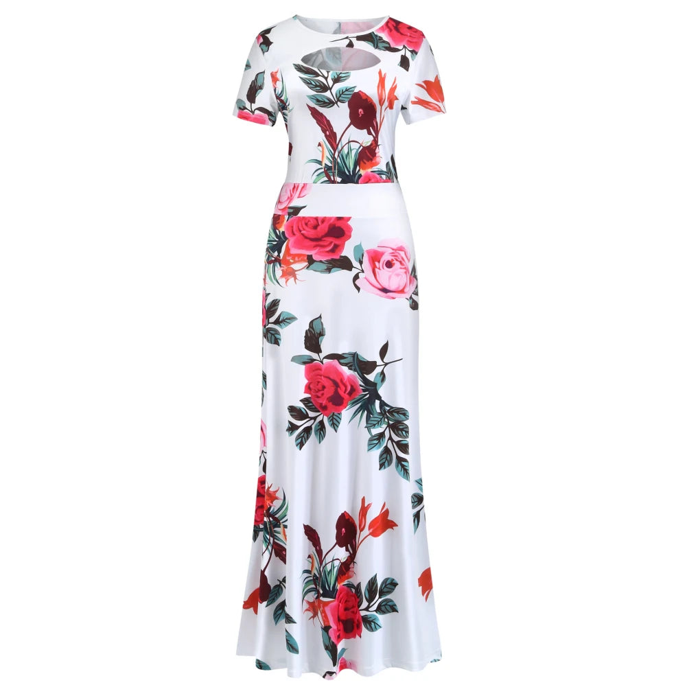 Women Short Sleeve Floral Print Waist Tight Large Swing Maxi Dress Sundress Casual Sundress Cotton O Neck Maxi Dress