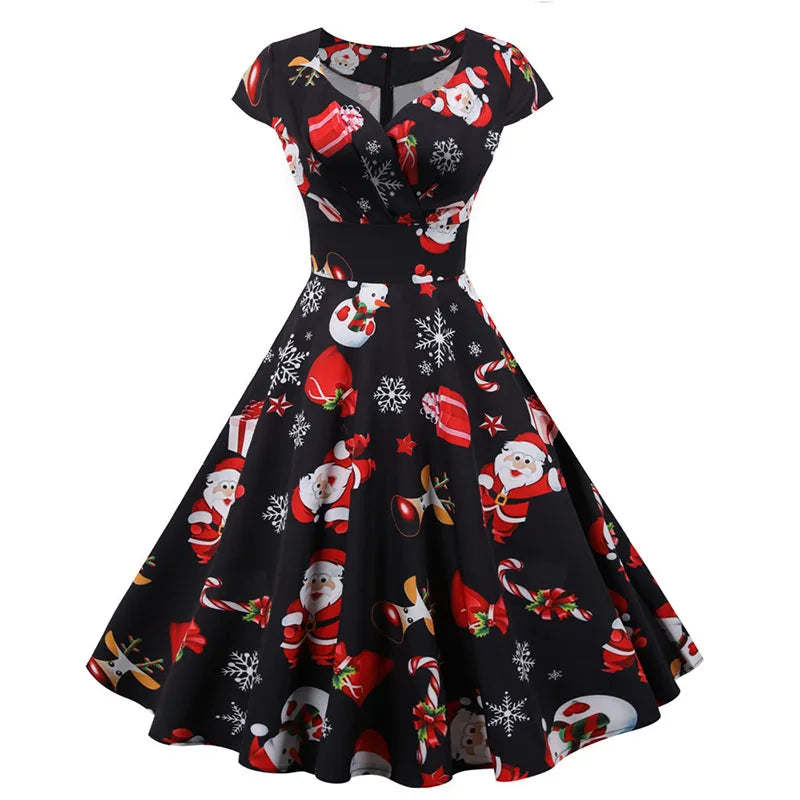 White Print Vintage Christmas Dress Women Winter Big Swing Elegant Short Sleeve V Neck Sexy New Year Party Sundress