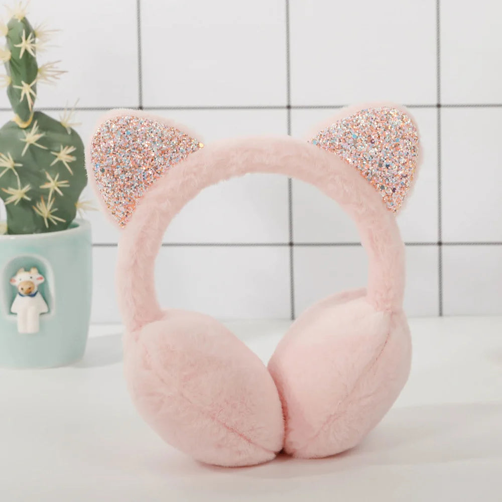 New Lovely Winter Warm Cat Ear Warmers Glitter Ears Plush Earmuffs for Women Playful Girls Ear Muffs Cold Protection Warm Hot