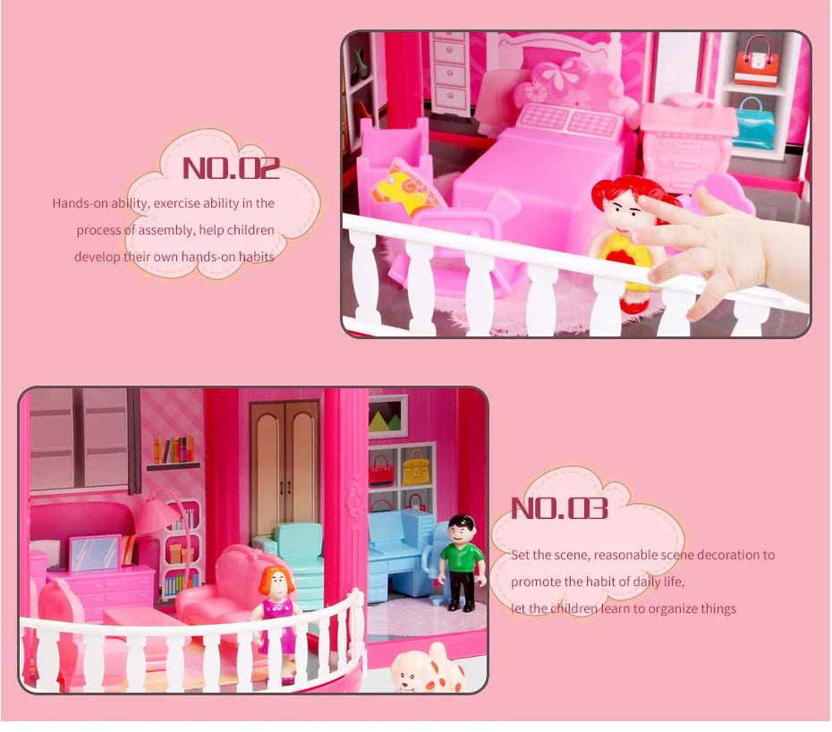 Baby DIY Doll house Toys Pink Assemble Princess Villa Handmade Construction Casa Miniature Furniture Dollhouse For Children Gift