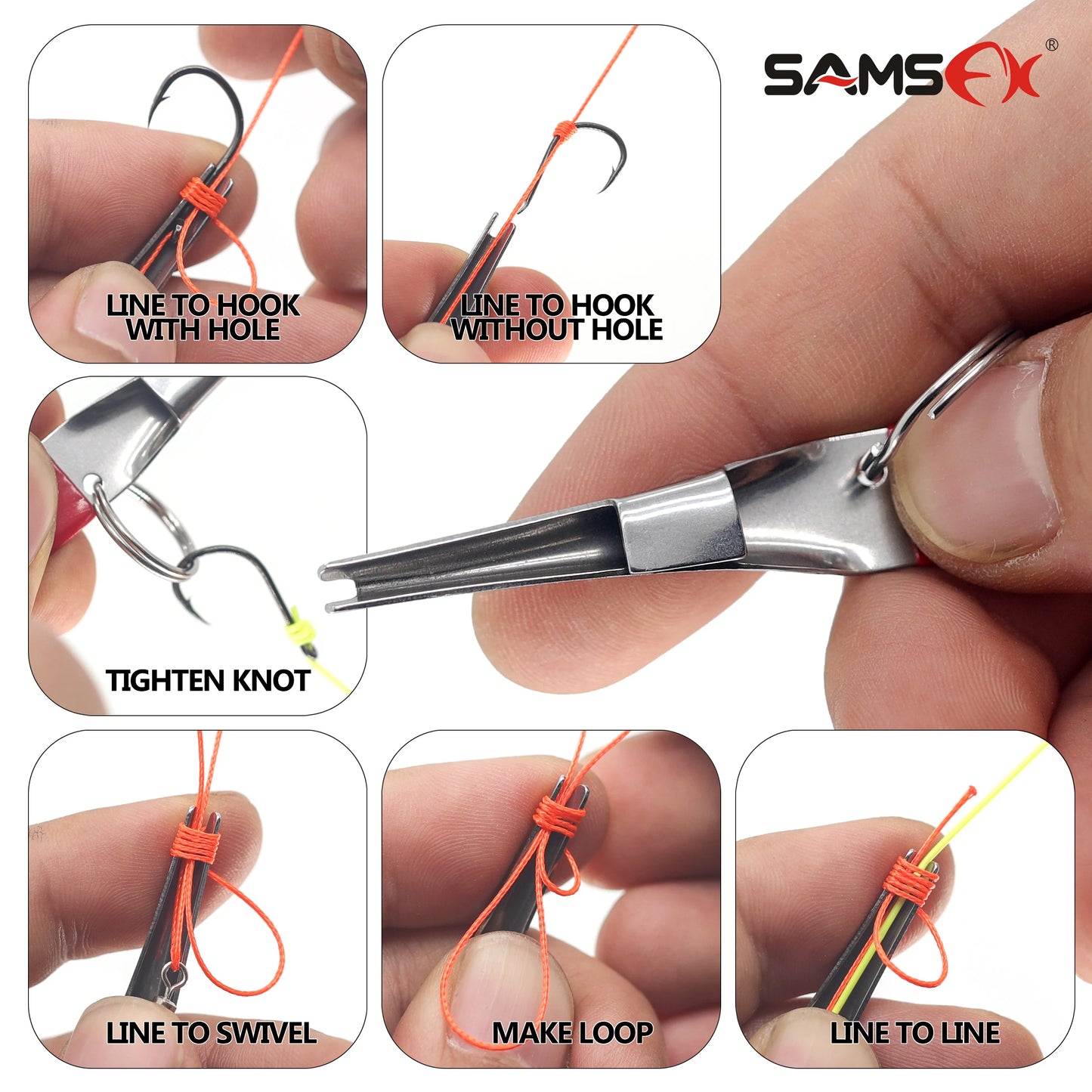 SAMSFX Fishing Quick Knot Tying Tool, Hook Sharpener, Split Rings Opener and Upper Bait Aid Gear Combo