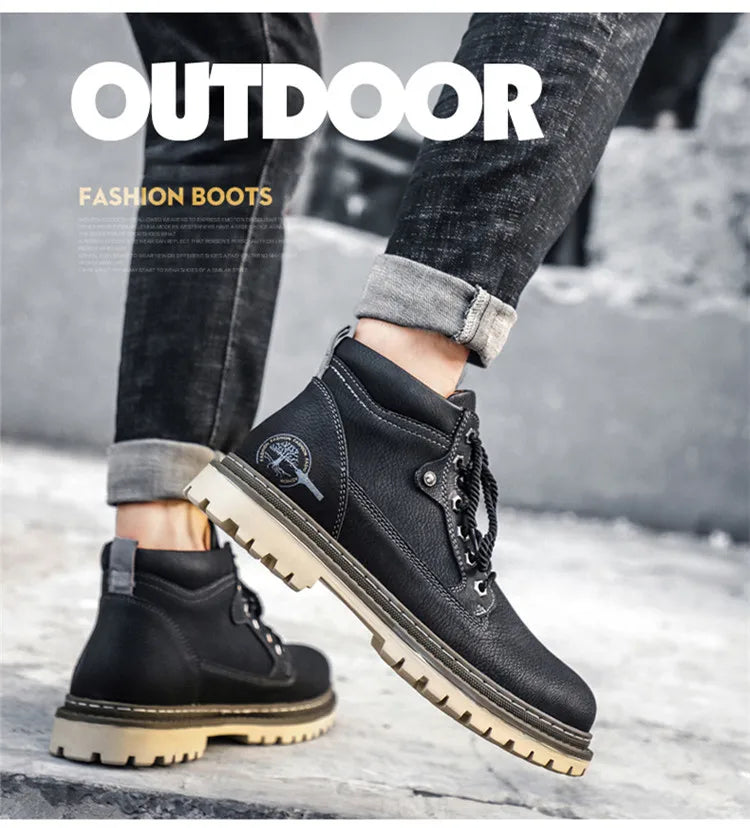 Men Snow Boots High Quality Leather Ankle Boots Warm Fur Motorcycle Boots Fashion Winter Men Boots Outdoor Men's Work Boots